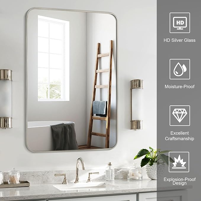 Bathroom Mirror Brushed Nickel, 30 x 42 Inch Metal Frame Rectangle Mirror Rounded Silver Modern Vanity Mirror Anti-Rust for Bathroom, Farmhouse Wall Mounted Vertically/Horizontally