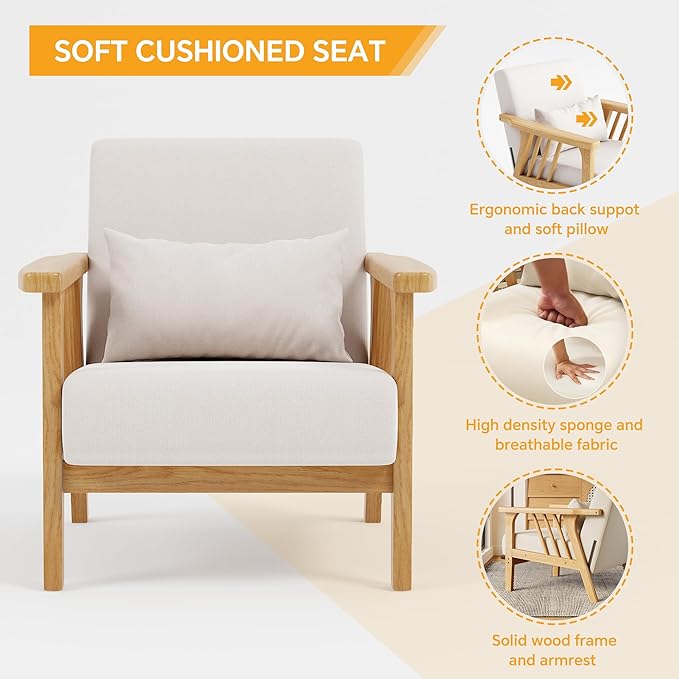 Solid Wood Accent Chair Mid-Century Modern Lounge Armchairs, Fabric Upholstered Soft Comfy Living Room Chairs with Armrest Waist Cushion Pillow for Office Reading Waiting Room (Natural)