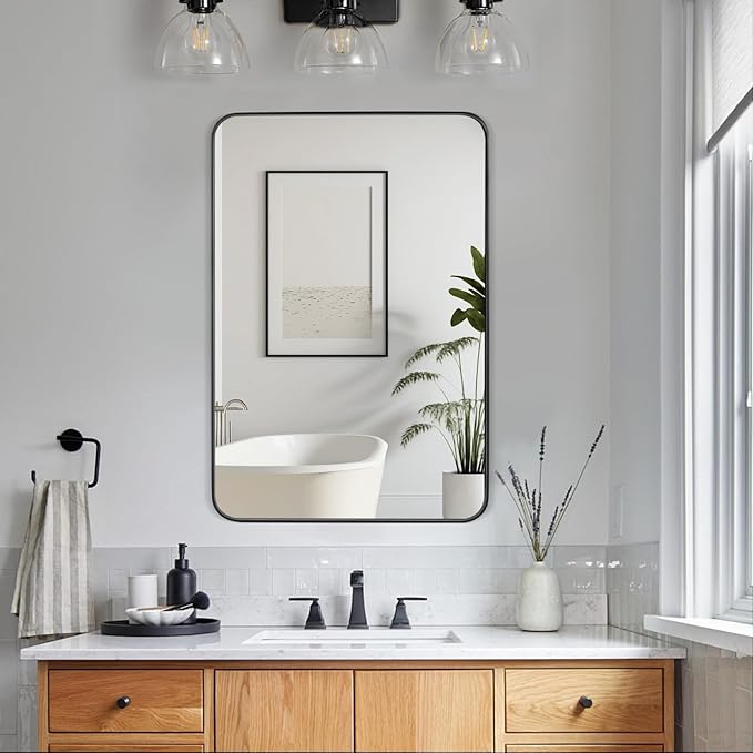 Black Bathroom Mirror 24X36 Inch Rounded Rectangle Wall Mirror Stainless Steel Metal Frame Vanity Mirror Anti-Rust for Entryway, Bathroom, Vanity, Living Room Hangs Vertically or Horizontally