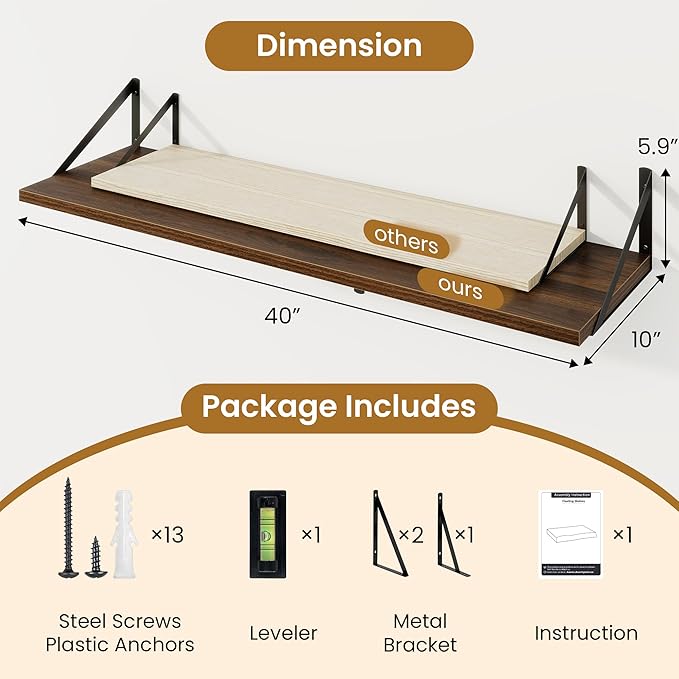 Floating Shelves for Wall,40" Wall Mounted Shelves Set of 2,Long Wood Floating Shelves,Hanging Wide Display & Storage Shelf with Metal Brackets for Bathroom,Bedroom,Kitchen,Living Room,Walnut