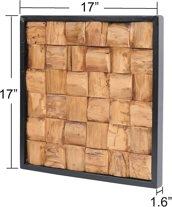 Warmaxx Rustic Teak Wood Wall Art Decor 17''x17 Farmhouse Framed Wall Décor for Home Living Room Bedroom Office Handcrafted Carved Natural Wooden Bricks Square Cube Pattern Christmas Wall Décoration