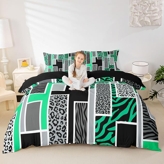 Erosebridal Leopard Print Comforter Cover Full Zebra Skin Texture Bedding Set Wild Animal Cheetah Print Duvet Cover for Kids Teen Adults,Green Black Grey Geometric Bed Set
