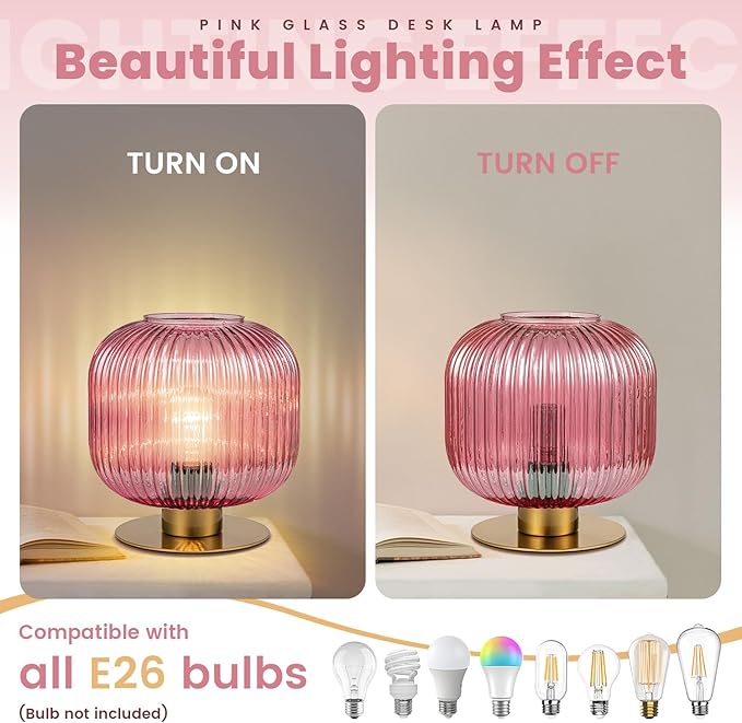 Small Bedside Table Lamp, Pink Bedside Lamp Globe Table Lamps with Striped Glass Shade, Modern Bedroom Nightstand Lamp Living Room Side Table Lamp Decorative Table Lamps for Girls Women