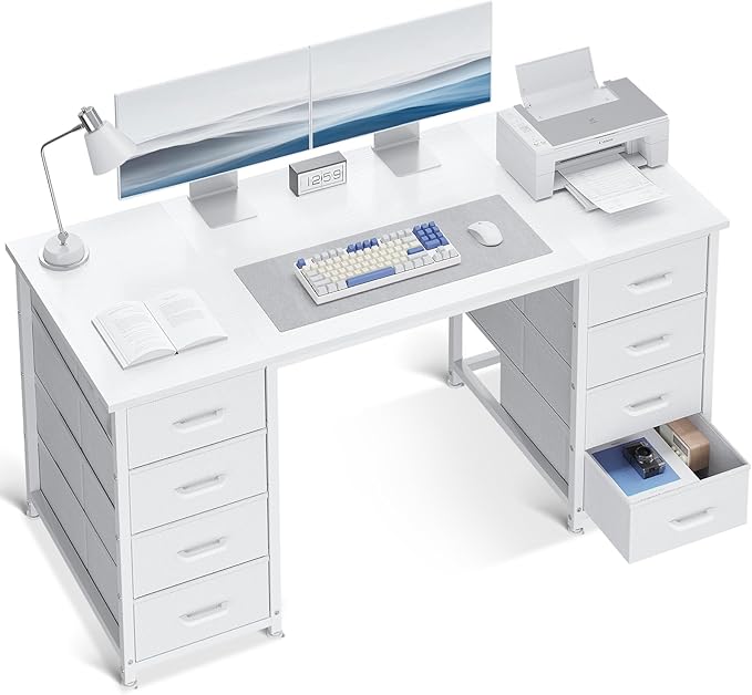 ODK 48 Inch White Computer Desk with 8 Fabric Drawers, Modern Office Desk with Large Storage for Home Office, Study, Gaming, White