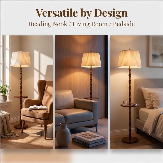 Real Wood Floor Lamp with Built-in Tray, Remote Control, Adjustable Brightness & 3 Color Temperatures, Dimmable Standing Lamp for Living Room, Bedroom, and Office – Easy Setup(Light Walnut)