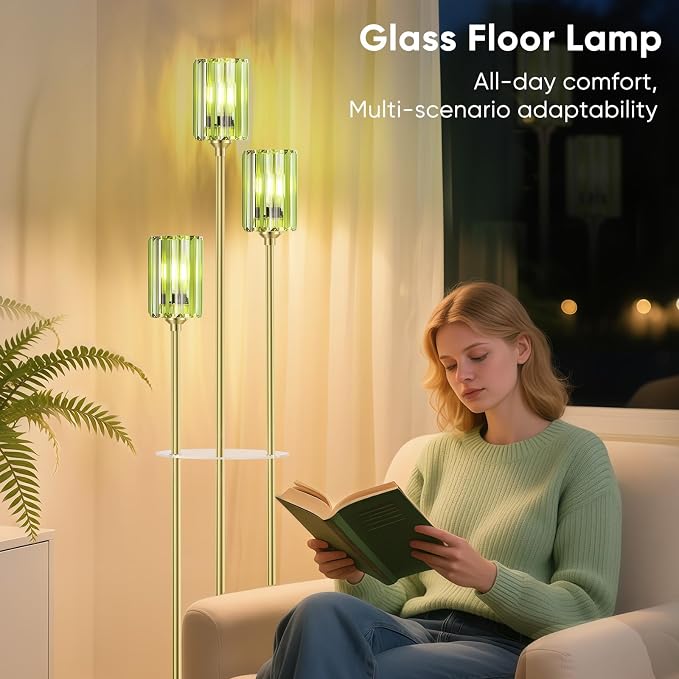 Crystal Floor Lamps for Living Room, Glass Modern Floor Lamp with Shelves, Mid Century Standing Lamps with Table, Brass Tall Lamp with Crystal Shade Vintage Retro Corner Floor Lamp (Green Cystal Gold)