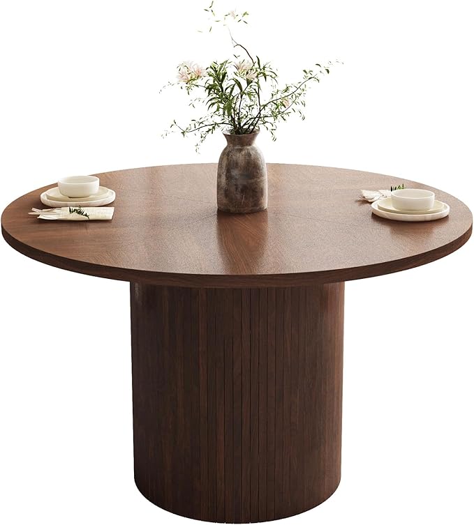 QHITTY Fluted Round Dining Table, 47-inch Wood Kitchen for 4, Farmhouse Circle Table with Strip Base for Kitchen, Living Room, Walnut