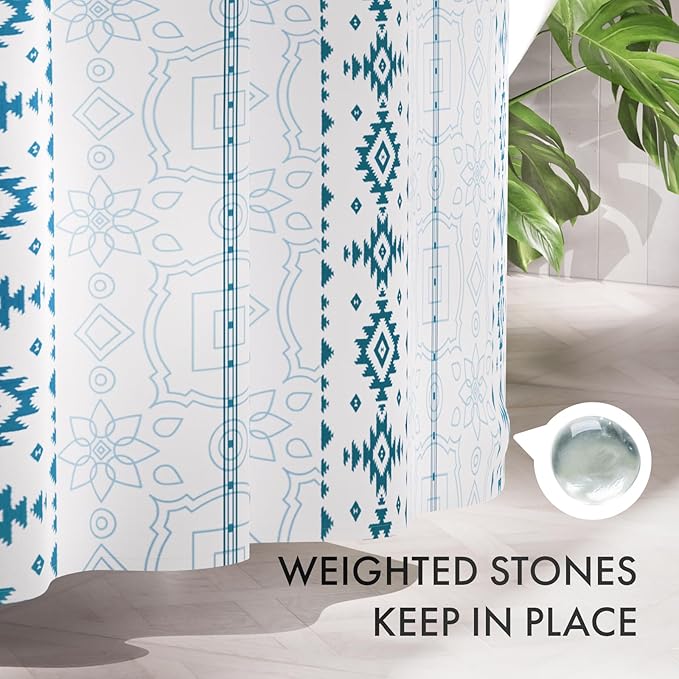 AmazerBath Boho Shower Curtain, 72x72 Washable Cloth Navy and White Shower Curtains for Bathroom, Fabric Rustic Neutral Shower Curtain Set with 12 Hooks, Modern Camper RV Dorm Stall Shower Curtain