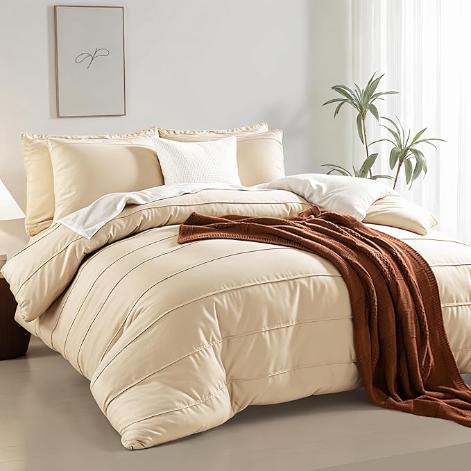 NEXHOME PRO 100% Organic Cotton Duvet Cover King, Linen Like Pleated Textured Duvet Cover Set Yellow Tan, 3pc Bedding Set with Zipper Closure, Soft Lightweight and Breathable(104"x90", No Comforter)