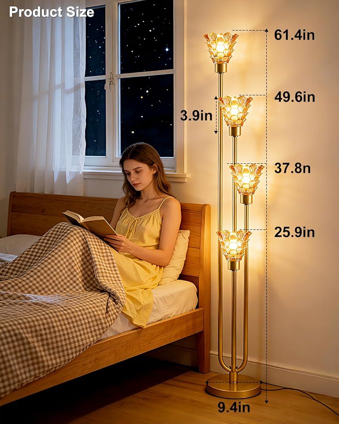 Lightdot Glass Floor Lamp Dimmable 4-Lights Gold with Amber Glass Shade 3000K Bulbs Included Mid Century Modern Standing Tall Lamp with 5Lbs Heavy Base for Living Room/Bedroom/Sofa Beside/Corner Decor