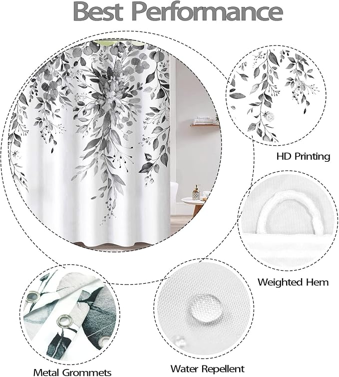 84 Inch Extra Long Gray and White Eucalyptus Shower Curtain Watercolor Grey Floral Plant Leaf Shower Curtains for Bathroom Flower Waterproof Fabric Bath Curtain with Hooks (Black, 72'' x 84'')