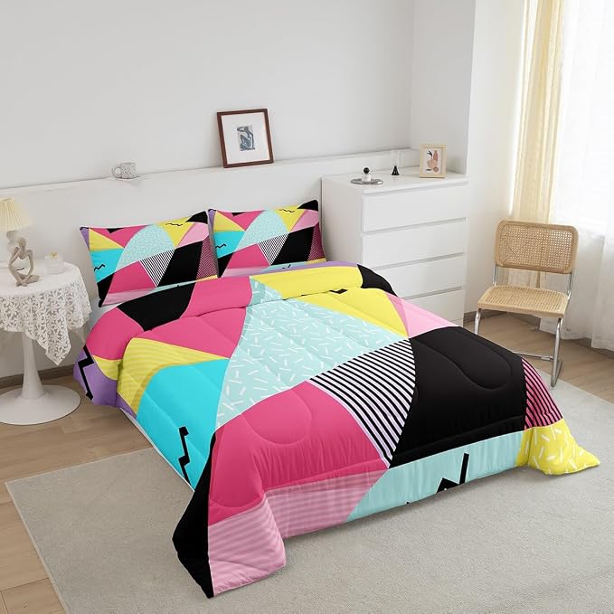 Manfei Memphis Comforter Set Queen Size, Retro 80s 90s Fashion Style Quilt Set with 2 Pillowcases, Colorful Triangle Geometric Bedding Set 3pcs for Kids Boys Girls Lightweight Duvet Insert