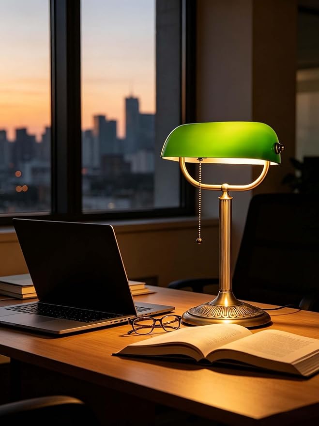1-Minute Quick-Change Shade Classic Green Glass Bankers Desk Lamp for Study, Office, Library, LED Bulb Included