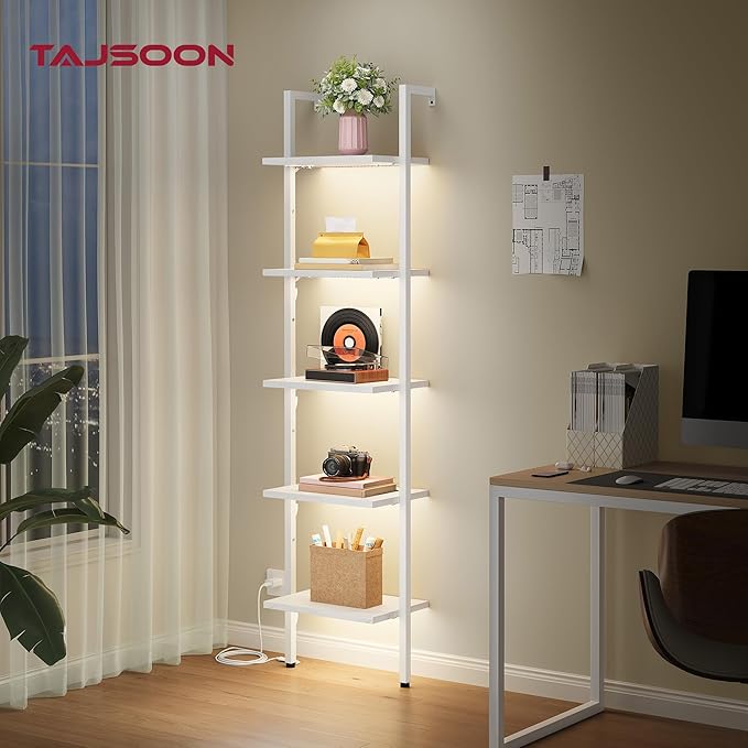 Tajsoon 5 Tier Ladder Bookshelf with Light, Wall Mounted Book Shelf, Wooden Wall Mounted Ladder Bookshelf with Metal Frame, Industrial Ladder Shelf for Office, Living Room, Bedroom, White