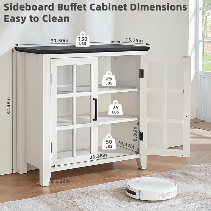 Sideboard Buffet Cabinet with Storage, 32" Farmhouse Kitchen Coffee Wine Bar Cabinet with 2 Glass Doors, Wood Mid Century Modern Side Board Table for Dining Room, Living Room, White