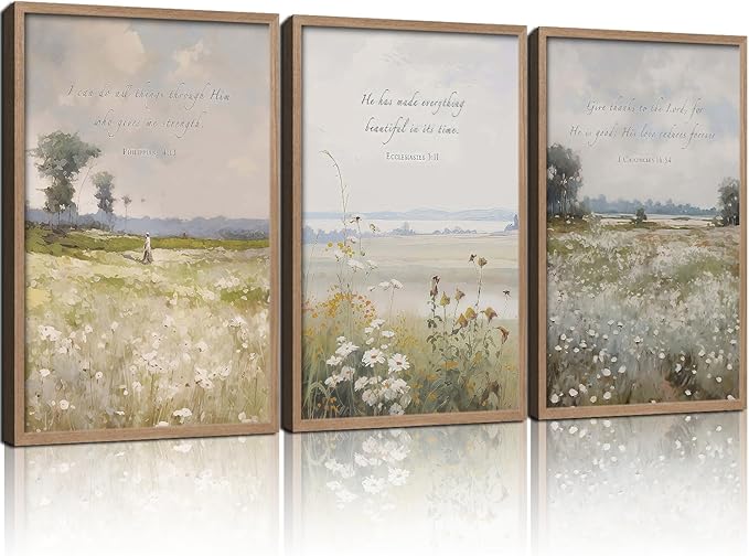 3Pcs Framed Bible Verse flowers Canvas Wall Art Botanical Inspirational Prints Religion Christian Gallery Posters Home Decor Living Room Bedroom Church Prayer Room 12x16 Inch Ready to Hang