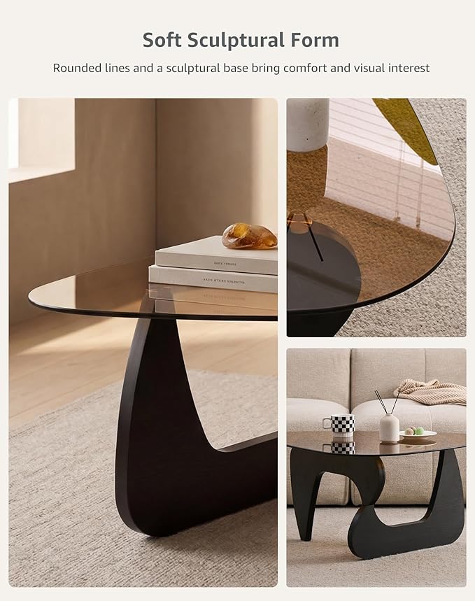 Black Glass Coffee Table for Living Room, 43.3" Triangle Coffee Table with Smoked Glass Top and MDF Wood Base, Mid Century Modern Center Table for Apartment, Sofa, Lounge, Reception