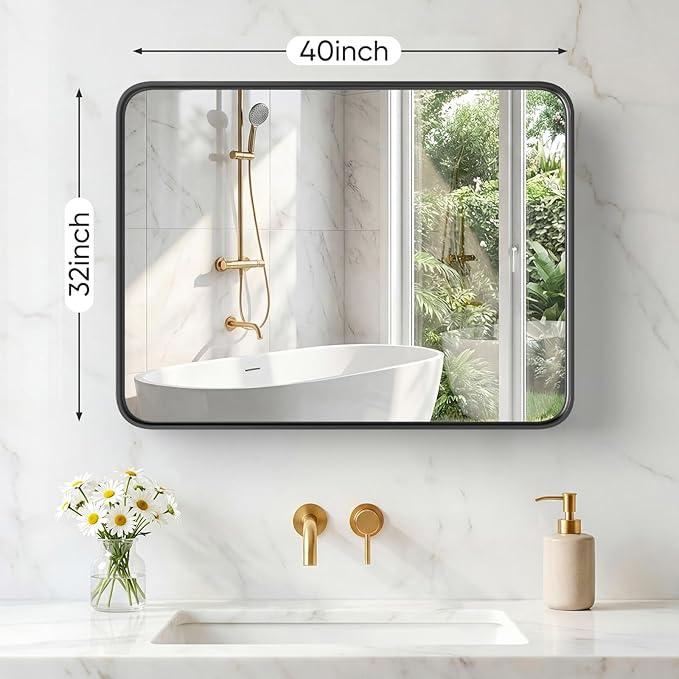 NEWBULIG 32X40 Inch Bathroom Mirror for Over Sink, Wall Vanity Mirrors Tempered Glass, Anti-Rust Metal Framed Rounded Rectangle, Hangs Horizontally or Vertically, Farmhouse Home Decor, Black