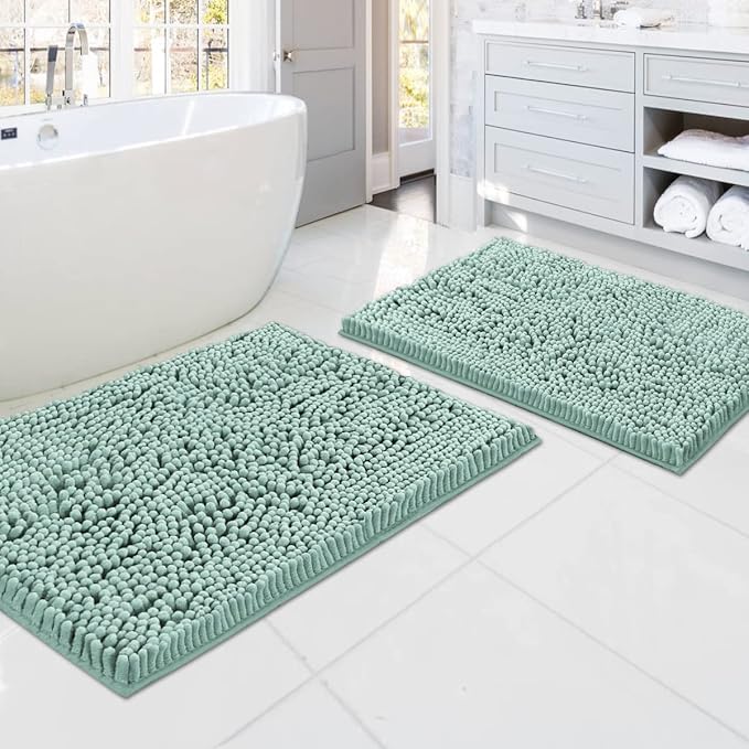 H.VERSAILTEX Bath Mats - Non Slip Luxury Chenille Bathroom Rugs, Extra Soft Absorbent Shaggy, Washable Fast Dry 2 Piece (Aqua Foam, 20" x 32"/17" x 24")