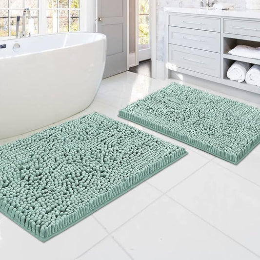 H.VERSAILTEX Bath Mats - Non Slip Luxury Chenille Bathroom Rugs, Extra Soft Absorbent Shaggy, Washable Fast Dry 2 Piece (Aqua Foam, 20" x 32"/17" x 24")