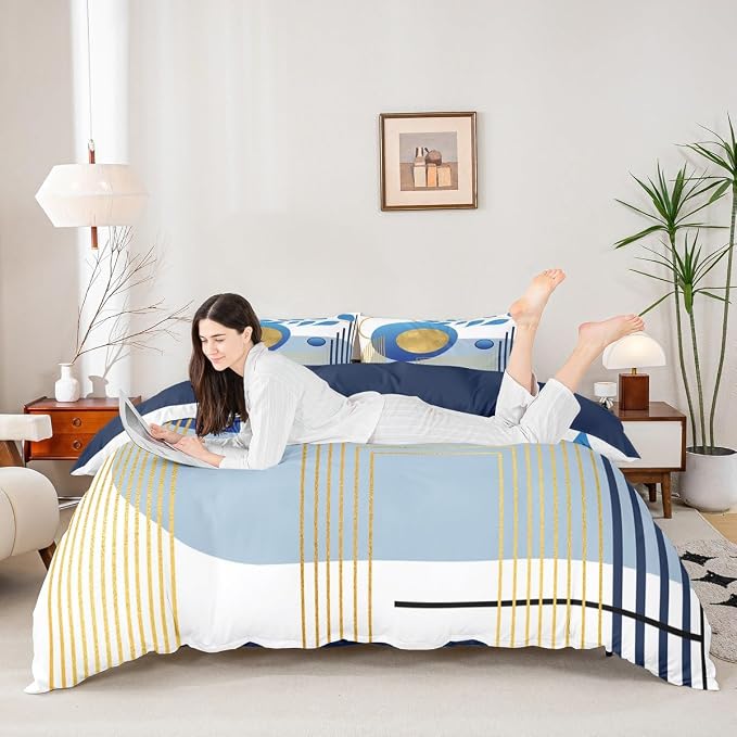 Erosebridal Blue Neutral Modern Twin Comforter Cover Boho Mid Century Duvet Cover Minimalist Aesthetic Bed Set Geometric Abstract Bedding Set