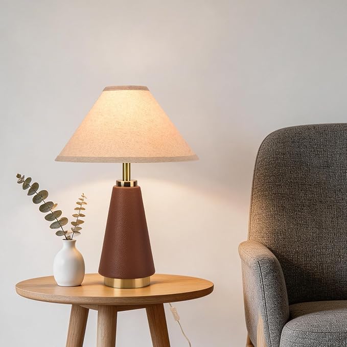 18.11 Inch Brown Table Lamp Set of 2, Farmhouse Table Lamps with Beige Fabric Shade, PU Leather for Kitchen Counter, Bedroom, Nightstand, Desk Lighting, Bookshelf, Living Room, Kids Dorm
