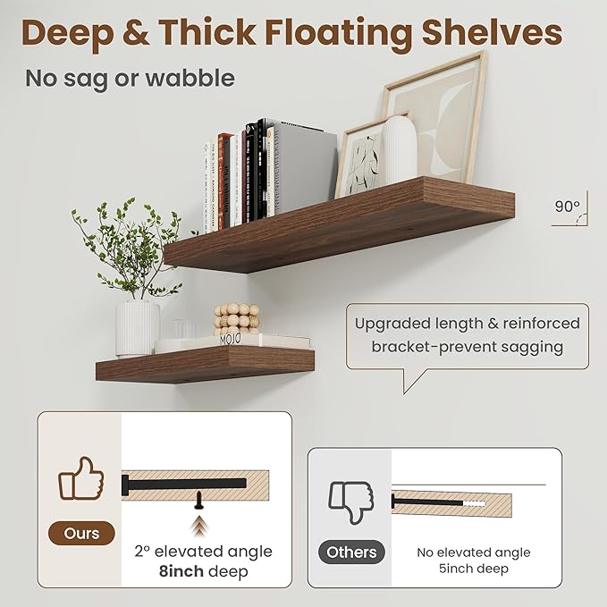 36 Inch Floating Shelves for Wall, 8 Inch Deep Floating Shelf for Storage & Display, Rustic Wall Mounted Shelf with Invisible Brackets for Living Room, Kitchen, Bathroom, Home Decor, Set of 2, Walnut