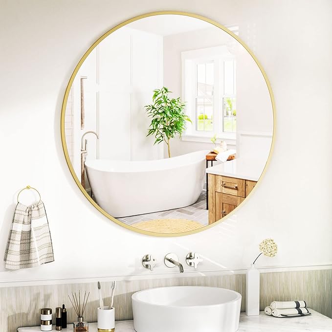 VooBang Round Mirror 23.6" Gold Wall Mounted Circle Mirrors Vanity Mirror with Aluminum Alloy Frame Modern Decoration for Bathroom, Living Room, Vanity, Bedroom, Entryway