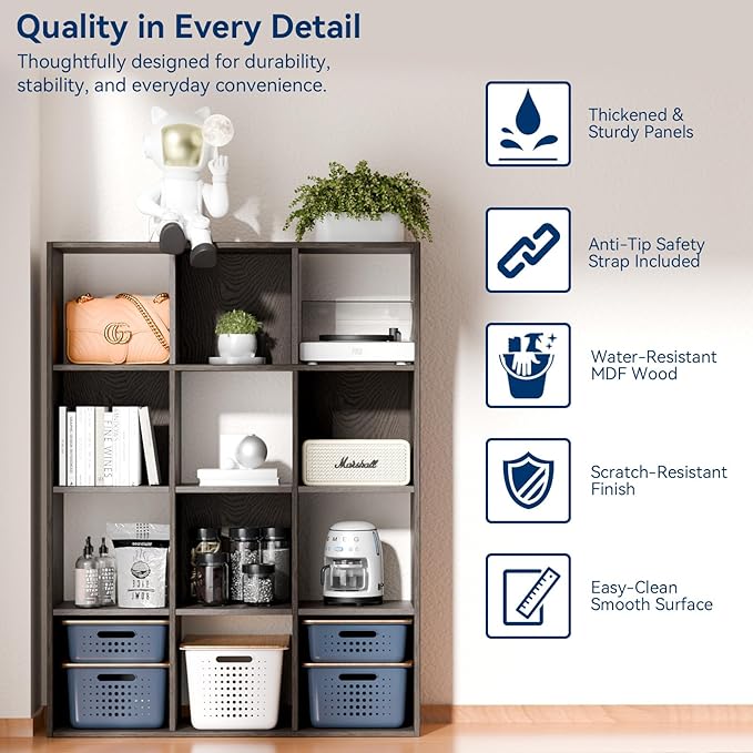 Whitmor 12 Cube Storage Organizer, 4 Tier Stackable Mdf Wood Bookcase, Open Storage Display Bookshelf, Storage Cabinet for Living Room, Bedroom, Home, Office, 35.1"L x 11.7"W x 47.5"H, Espresso