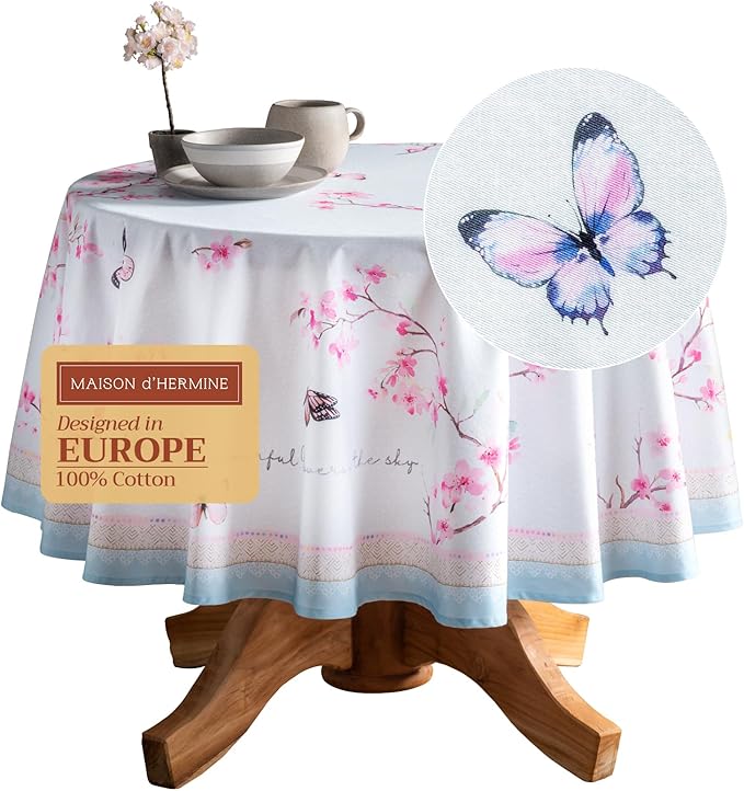 Maison d' Hermine Table Cloth Round Table 100% Cotton 63 Round Inches Tablecloth Reusable Decorative for Dining Room Farmhouse Home Valentines Day Decorations Spring Summer - Blossoms in Spring