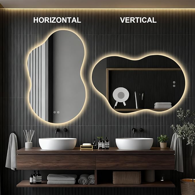 Asymmetrical Lighted Mirror for Bathroom,Modern LED Vanity Mirror with Backlit,Fog-Free,Tri-Color Dimmable Lighting with Memory Function,Hardwire Ready [Horizontal/Vertical] 48" H x 30" W