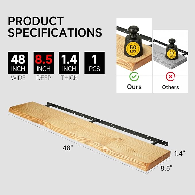 48 Inch Wooden Floating Shelves for Wall, Finnish Spruce Solid Wood Shelf, Natural Wood Floating Shelves for Living Room, Bathroom, Bedroom, Kitchen, Natural Finish