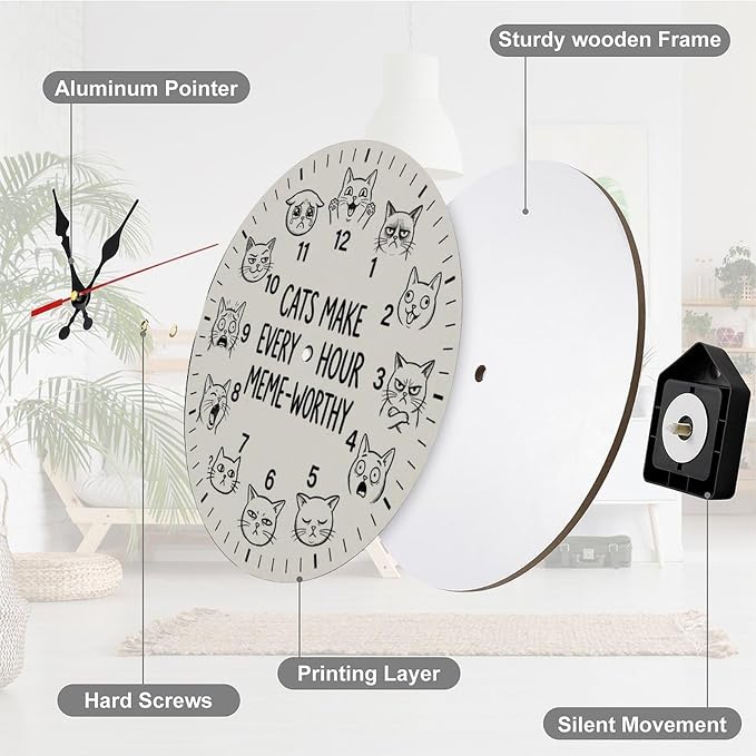 Funny Cat Expressions Wooden Wall Clock Silent Non Ticking | Cute Kitty Animal Art Decor for Kids Room Bedroom Living Room Kitchen Office Unique Gift 10 12 Inch