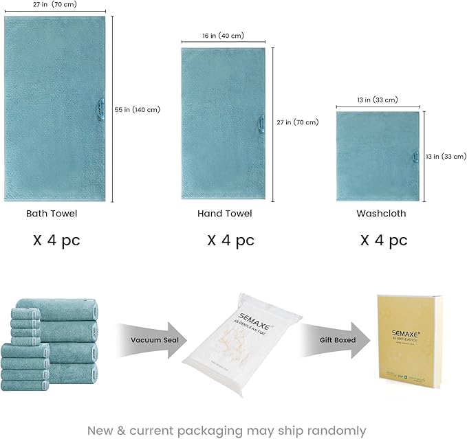 SEMAXE 12-Piece Family Bathroom Towel Set - 100% Cotton, 4 Bath Towels, 4 Hand Towels, 4 Washcloths, Ultra-Soft and Super Absorbent, Lighter Weight