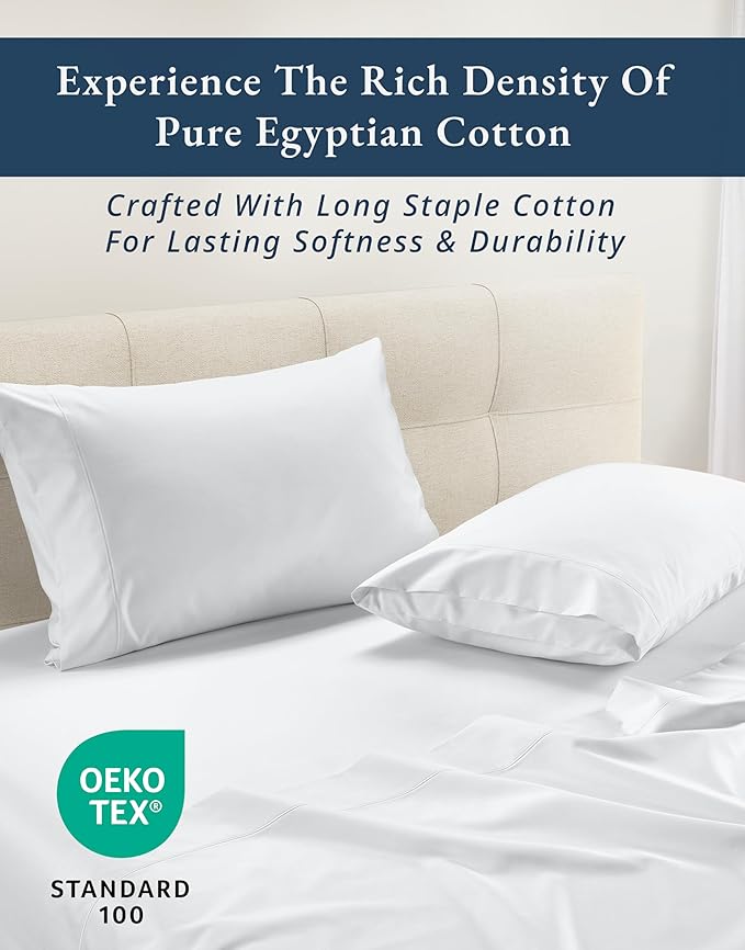 LANE LINEN Ultra Soft Queen Size Sheets Set,100% Egyptian Cotton Mercerized Fully Elasticized with French Seam on Fitted Hotel Like Thick Luxury Bed Sheets Queen Size - Brilliant White