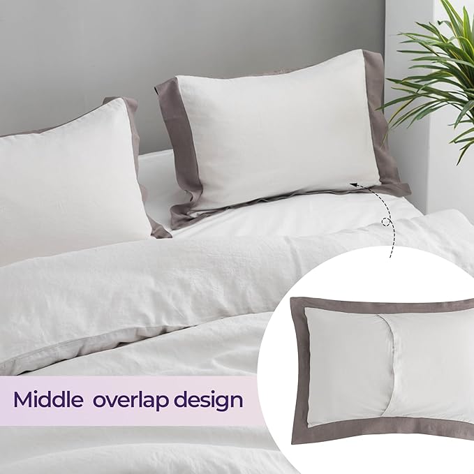 Simple&Opulence 100% Linen Duvet Cover Set with Washed French Flax-King Size(104"x 92")- 3 Pieces (1 Comforter Cover,2 Pillowshams) Basic Border Design Premium Bedding Set Breathable,Grey and Brown
