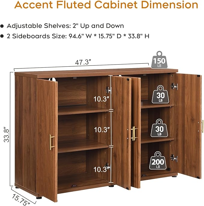 Yechen Walnut Accent Fluted Sideboard Buffet Cabinet with Storage and 4 Doors, Mordern Credenza Storage Cabinet with Adjustable Shelves, Media Console Table, for Living Room Dinning Entryway Kitchen