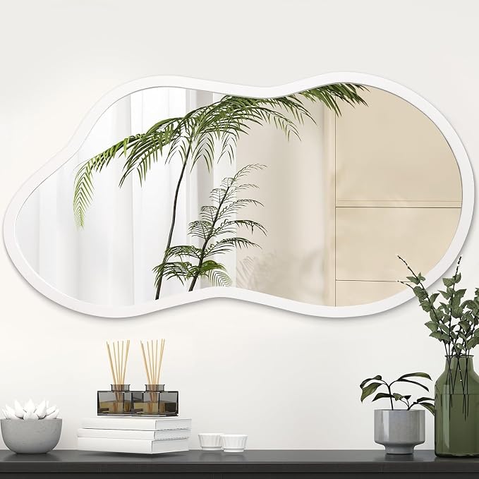 AAZZKANG Irregular Wall Mirror Wooden Large 22"x12" Decorative Hanging Mirrors Asymmetrical for Bedroom Dressing Room Living Room Bathroom Entryway White