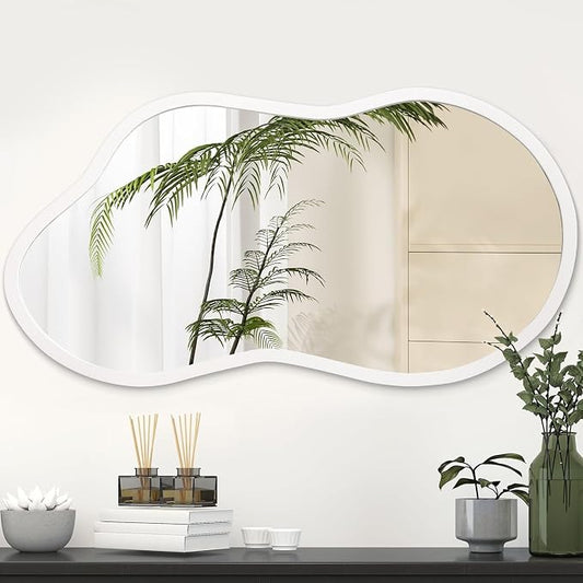 AAZZKANG Irregular Wall Mirror Wooden Large 22"x12" Decorative Hanging Mirrors Asymmetrical for Bedroom Dressing Room Living Room Bathroom Entryway White