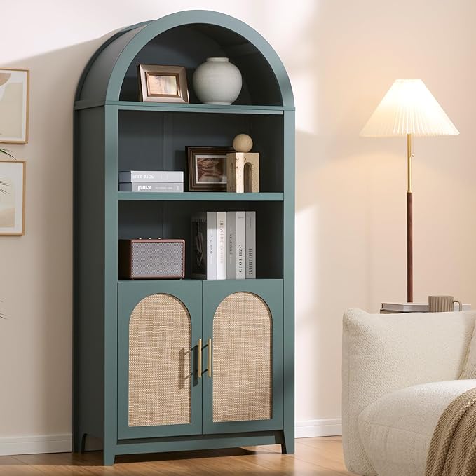 RowyPoey Rattan Arched Cabinet Bookshelf - 69.3” Tall Mid Century Display Cabinet, Rounded Bookcase with Rattan Doors, Open Shelf Storage for Dining Room (Green, 1 PC)
