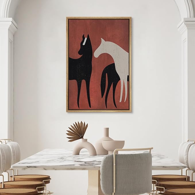 SIGNWIN Framed Canvas Print Wall Art Preppy Room Decor Black White Horse Stallion Silhouette Tree Nature Wilderness Drawings Boho Animals Colorful for Living Room, Bedroom, Office - 16"x24" Natural