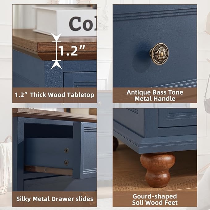 Farmhouse 5 Drawer Dresser for Bedroom, 35" Tall Rustic Chests of Drawers w/ 4 Solid Wood Feet, Mid Century Modern Wooden Closet Storage Dressers Organizer for Living Room, Hallway,Blue