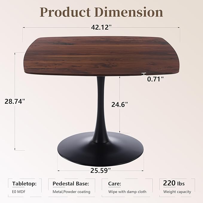 Square Dining Table,42.1" Tulip Table with Metal Pedestal,15-Minute Quick Assembly,Mid Century Modern Leisure Table for Kitchen Small Places Cafe (Faux Walnut)