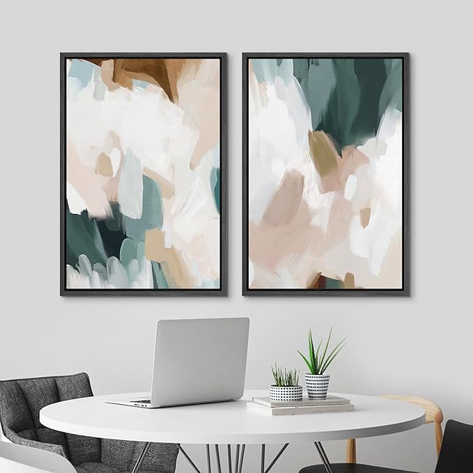 MUDECOR Framed Canvas Print Wall Art Watercolor Pastel White Blue Pattern Abstract Illustrations Modern Art Decorative Bohemian Colorful Chic for Living Room, Bedroom, Office - 24"x36"x2 Black