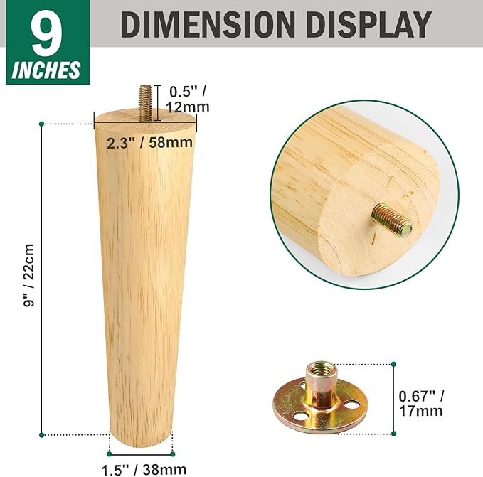 FoDau770 Rubber Wood Furniture Legs 9 Inches, Straight Tapered Wood Feet Mid Century Sofa Legs Set of 4, 5/16" UNC Furniture Feet Replacement Parts for Cabinet Couch Dresser Chair Ottoman Table