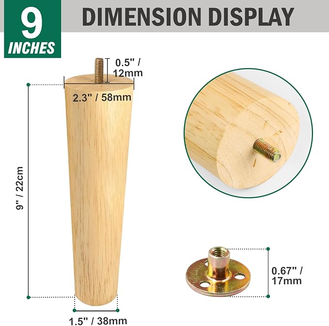 FoDau770 Rubber Wood Furniture Legs 9 Inches, Straight Tapered Wood Feet Mid Century Sofa Legs Set of 4, 5/16" UNC Furniture Feet Replacement Parts for Cabinet Couch Dresser Chair Ottoman Table