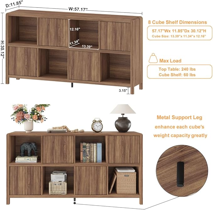 FATORRI 8 Cube Bookcase with 4 Doors, Wood Bookshelf with Storage Cabinet, Low Horizontal Storage Book Shelf for Living Room, Home Office, Dining (57 Inch Walnut)