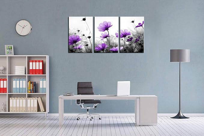 Flowers Wall Art Canvas Pictures Purple Wildflowers Black and White Background 3 Piece Canvas Art Blossom Contemporary Artwork for Home Decoration Office Kitchen Wall Decor 16"x 24" x 3 Panels