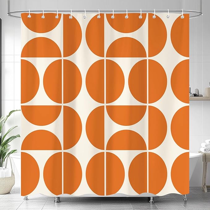 Orange Mid Century Modern Shower Curtain, Boho Abstract Geometric Retro Art Bath Curtains For Bathroom, Colorful Unique Pattern Waterproof Polyester Fabric Bathroom Accessories Set 12 Hooks 72X84IN