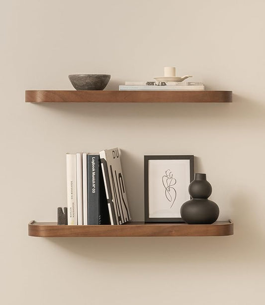 Kazai.® 23.6 inches Floating Shelves for Wall 'Toke' | Set of 2 Small Mounted Wooden Shelf Units | Modern Wall Decor & Storage for Living Room, Bathroom, Kitchen, Bedroom & More | Walnut